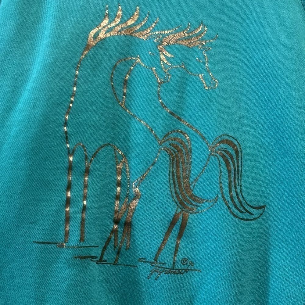 Vintage 1980S METALLIC HORSE Couple SWEATSHIRT Turquoise Hanes Large‌ - Picture 2 of 10